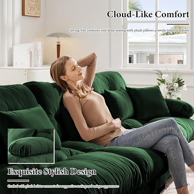 173.2" Oversized Couch, 4 Seater Modular Sectional Sofa, Green Large U Shaped Sectional Couches for Living Room, Fluffy Chenille Fabric Cloud Couch with Ottoman, Deep Seat Sofas