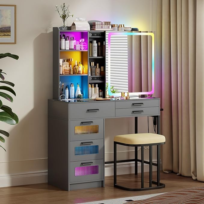 RGB Vanity Desk with Sliding Mirror and Lights,Makeup Vanity with Charging Station,LED Vanity Table with Glass Top,Girls Vanities Dressing Table Set with Stool&6 Drawers for Bedroom(Grey)