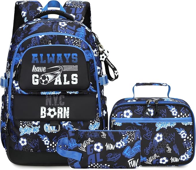 Makukke Kids Backpack for School Boys, 15.6" Soccer Backpack with Lunch Box & Pencil Case, Bookbag For Elementary, Middle School