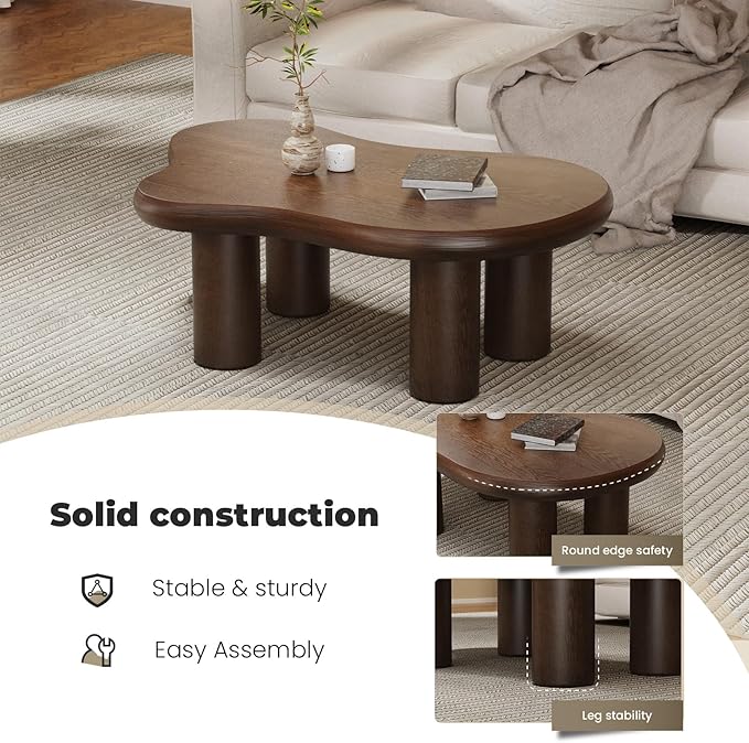 Cloud Coffee Table 46" Dark Brown Wood Coffee Table with 4 Sturdy Legs Mid-Century Modern Center Table Tea Table for Living Room Bedroom Office (Clouds Brown)
