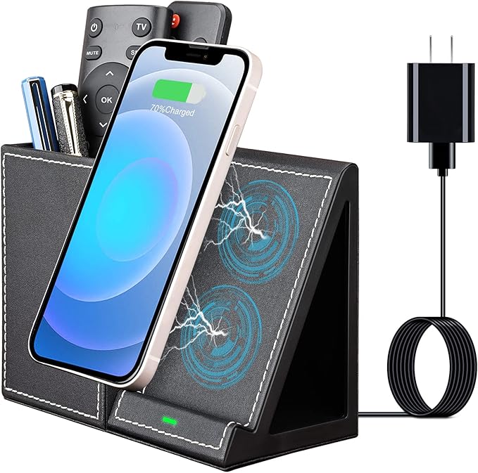 Wireless Charger with Desk Organizer Wireless Charging Station for iPhone 13/13 Pro Max/13 Pro/12 Series/11/XS Max/XR/X/8Plus/SE 2 Wireless Charging Stand with Leather… (Black)
