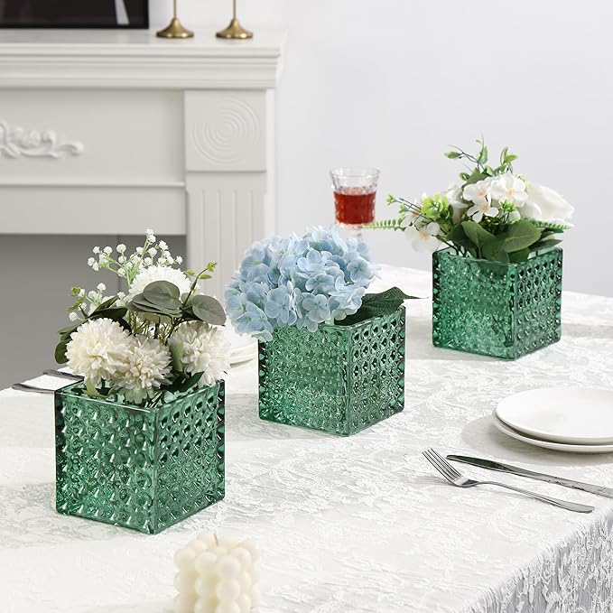 Square Vases Set of 6, 4" x 4" x 4" Square Glass Vases for Flowers, Green Flower Vase for Centerpieces, Small Bubble Vase for Wedding, Party, Home, Office, Parties, Events