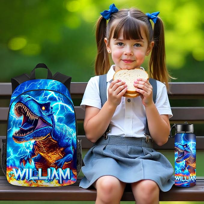 Dinosaur Backpack for Boys Personalized Name Bookbag Back to School Custom Kids Backpacks with Lunch Box for Elementary Middle School Blue
