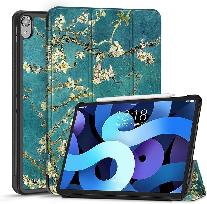 TNP Cover Case for iPad Air 11 Inch M2 6th 2024 5th 4th Generation(2022 2020) - 10.9 Almond Blossom Case with Pencil Holder for 2nd Gen Apple Pencil - Protective Cover with Trifold Stand