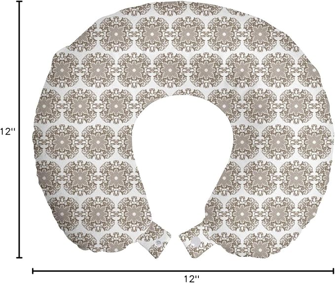 Ambesonne Taupe Travel Pillow Neck Rest, Vintage Round Baroque Style Ornament Pattern in Damask Inspired Design Botany Garden, Memory Foam Traveling Accessory for Airplane and Car, 12", Taupe White