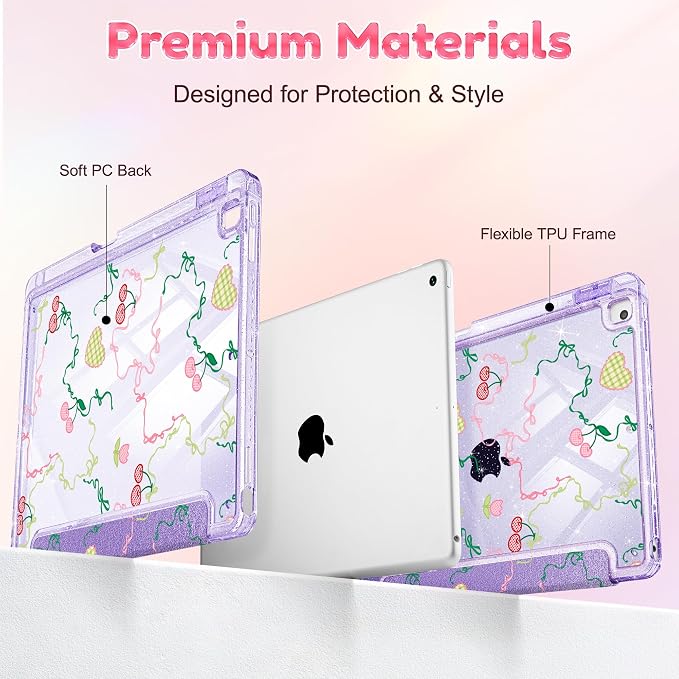 Mektron Sparkly Case for iPad 10.2 inch Glitter Tablet Cases for iPad 9th Gen 2021/8th Gen 2020/7th Gen 2019 Cover with Shiny Clear Back Shell Foldable Bling Smart Cover Blue Floral