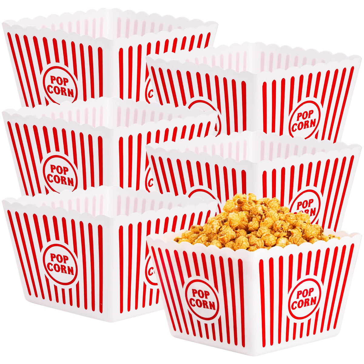 Bekith 6 Pack Plastic Popcorn Buckets Reusable, Large Popcorn Containers for Movie Night, 9" Square x 6" Tall