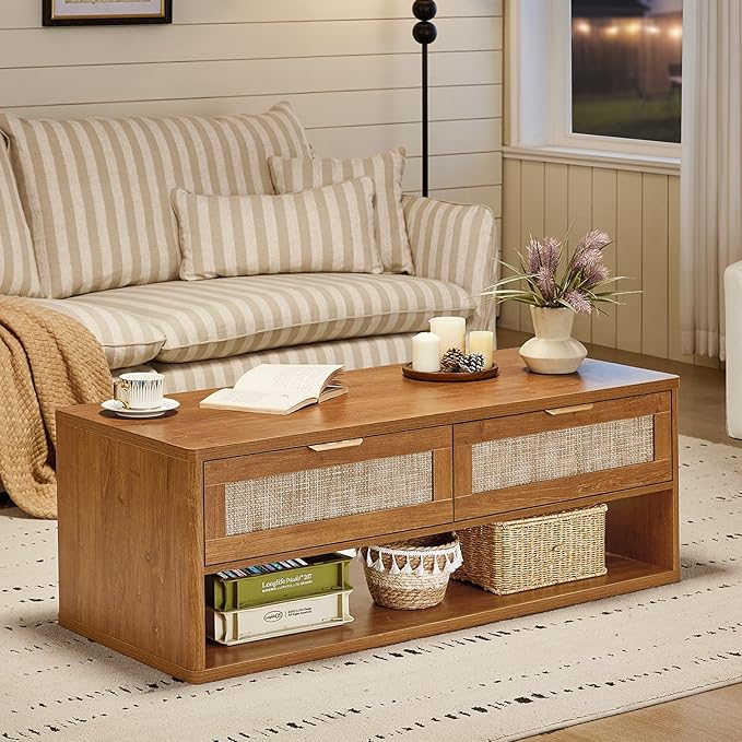 LEYAOYAO Boho Rattan Coffee Table and End Table Sets, 48" Wide Center Tables & 23" Night Stand with Charging Station Chest of Drawers, Brown Wood Coffee Table for Living Room 2 Piece Set