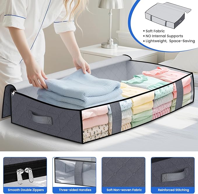 TasticTotes Under Bed Storage Containers, 4 Pack Blanket Storage Bags, Collapsible Storage Bags with Big Zippers, Clear Front, Shoe Storage and Organization for Clothes, Comforter, 90L, Grey