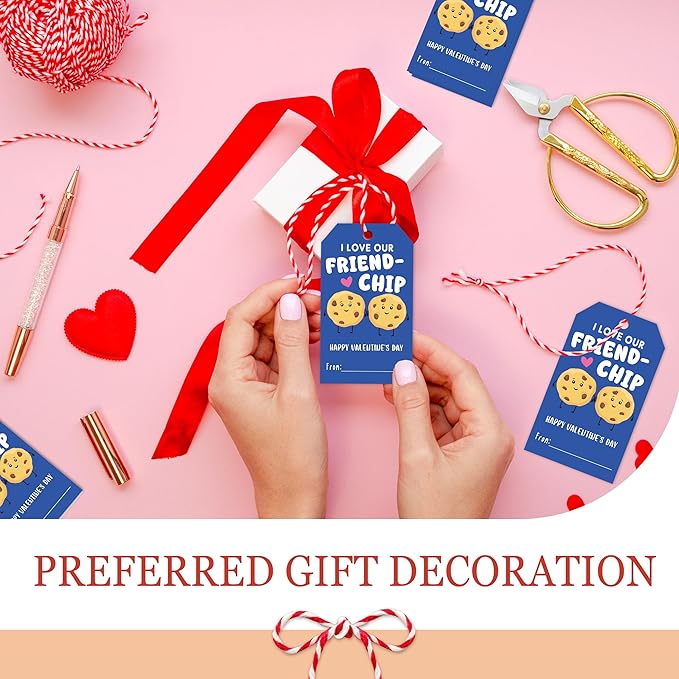 50Pcs Friend-chip Valentines Tags, Cookie Valentines Gift Label with String, Hanging Paper Gift Label for Wrapping Treat Bag, Idea Valentine's Activity School Classroom Party Favors