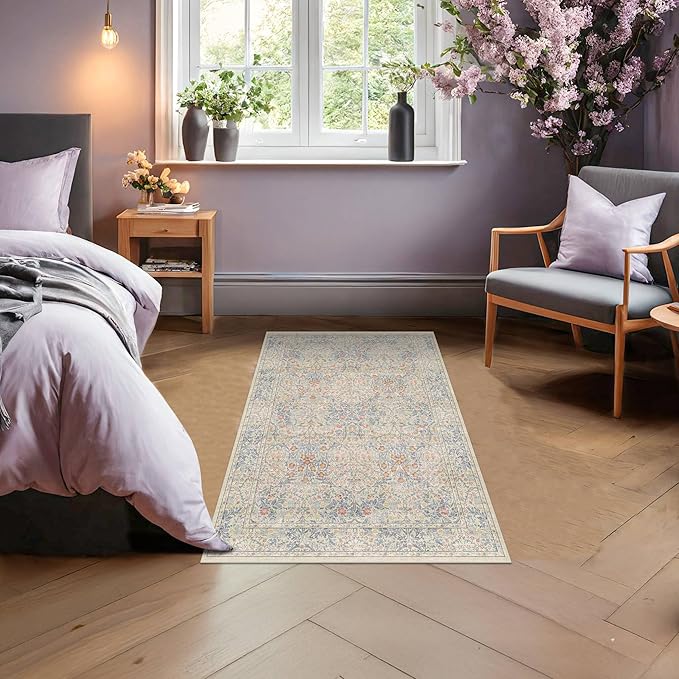 3x5 Washable Area Rug for Bedroom Beside Bed Mat, Large Kitchen, Entryway Rug Indoor - Ultra Soft Vintage Floral Beige Blue Decor Non-Slip Low Pile Stain Resistance
