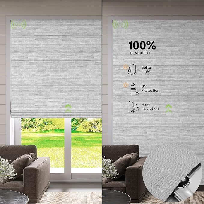 ZSTARR Smart Roman Shades Rechargeable Motorized Blinds with Remote Full Blackout Roman Window Shades Plain Fold Soft for Doors Bedroom, Custom Size (Gray)