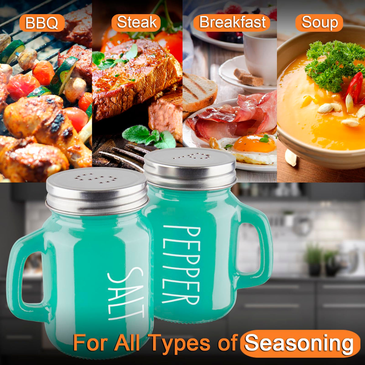 Turquoise Salt and Pepper Shakers Set - Teal Kitchen Decor and Accessories for Home Restaurants Wedding - Glass Salt and Pepper Set for Cooking Table, RV, BBQ, Easy to Clean & Refill