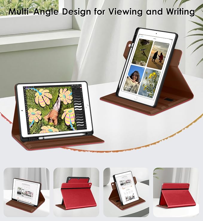 DTTO for iPad 9th/8th/7th Gen Case 10.2 Inch (2021/2020/2019) Brown | 360 Degree Rotating Premium Faux Leather Folio Stand Cover with Pencil Holder Auto Sleep/Wake Multiple Angles Hand Strap