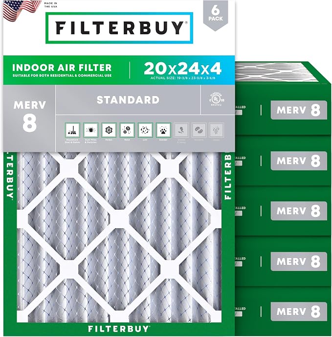 Filterbuy 20x24x4 Air Filter MERV 8 Essential Dust & Allergy Defense,