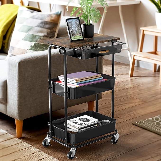 Simple Houseware 3-Tier Rolling Utility Cart with Drawer & Wood Tabletop - Mobile Sofa Side Table, Nightstand, Slim Storage Organizer Trolley for Bedroom, Bathroom, Office & Art Supplies, Rustic Brown