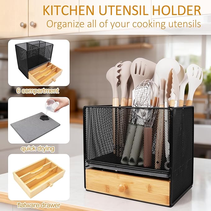 Kitchen Utensil Holder Countertop,Extra Large Utensil Organizer with Drawer
