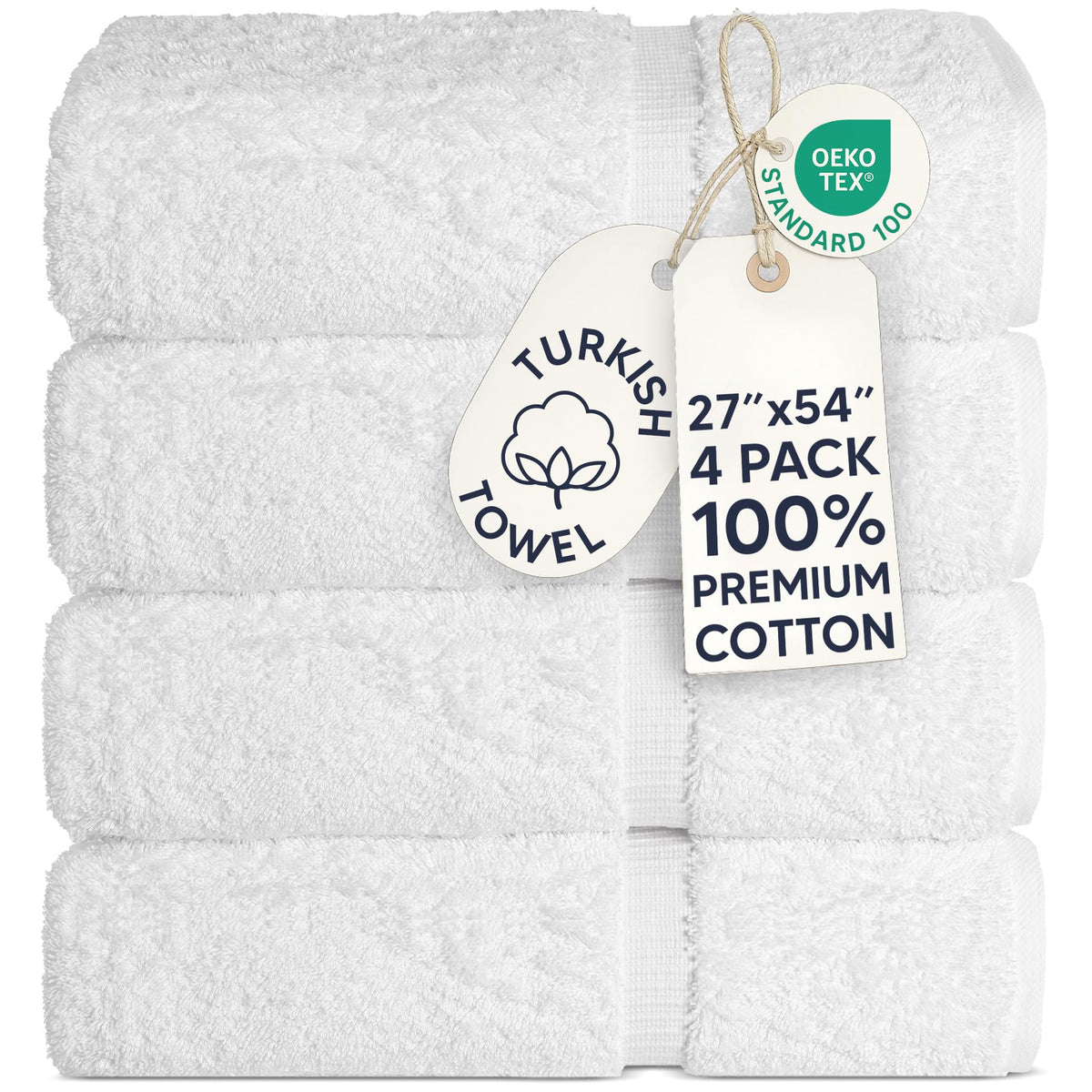Chakir Turkish Linens 4 Piece Bath Towel Set, 100% Cotton Luxury Turkish Towels for Bathroom, Soft Absorbent Bath Towels, 27 x 54 Inches, White