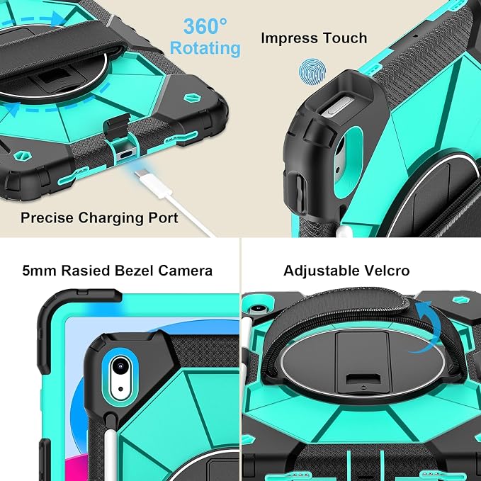 Nitupai Case for iPad 10th Generation 10.9 Inch 2022 / iPad A16 Case 11 Inch 2025 with Screen Protector 10th Gen Cover for Kids Pencil Holder 360° Rotating Stand Shoulder Strap Black Black