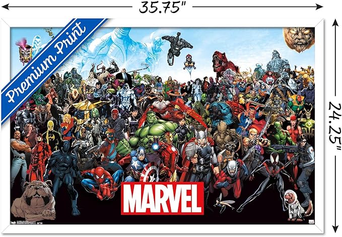 Marvel Comics The Marvel Lineup Wall Poster, 34L" x 22.4W", White Framed Version
