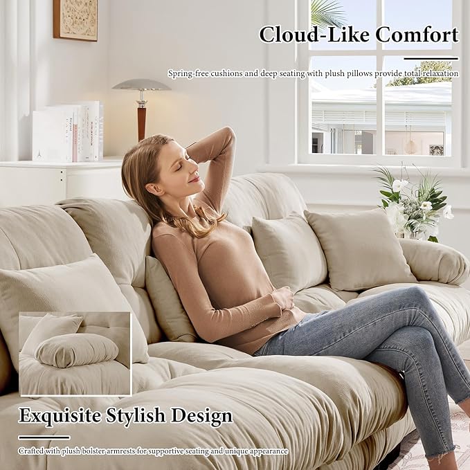 133.8" Oversized 3 Seater Modular Sectional Sofa, Beige Large Sectional Fluffy Couch Set, Chenille Cloud Couch with 5 Pillows, Deep Seat Sofas for Living Room