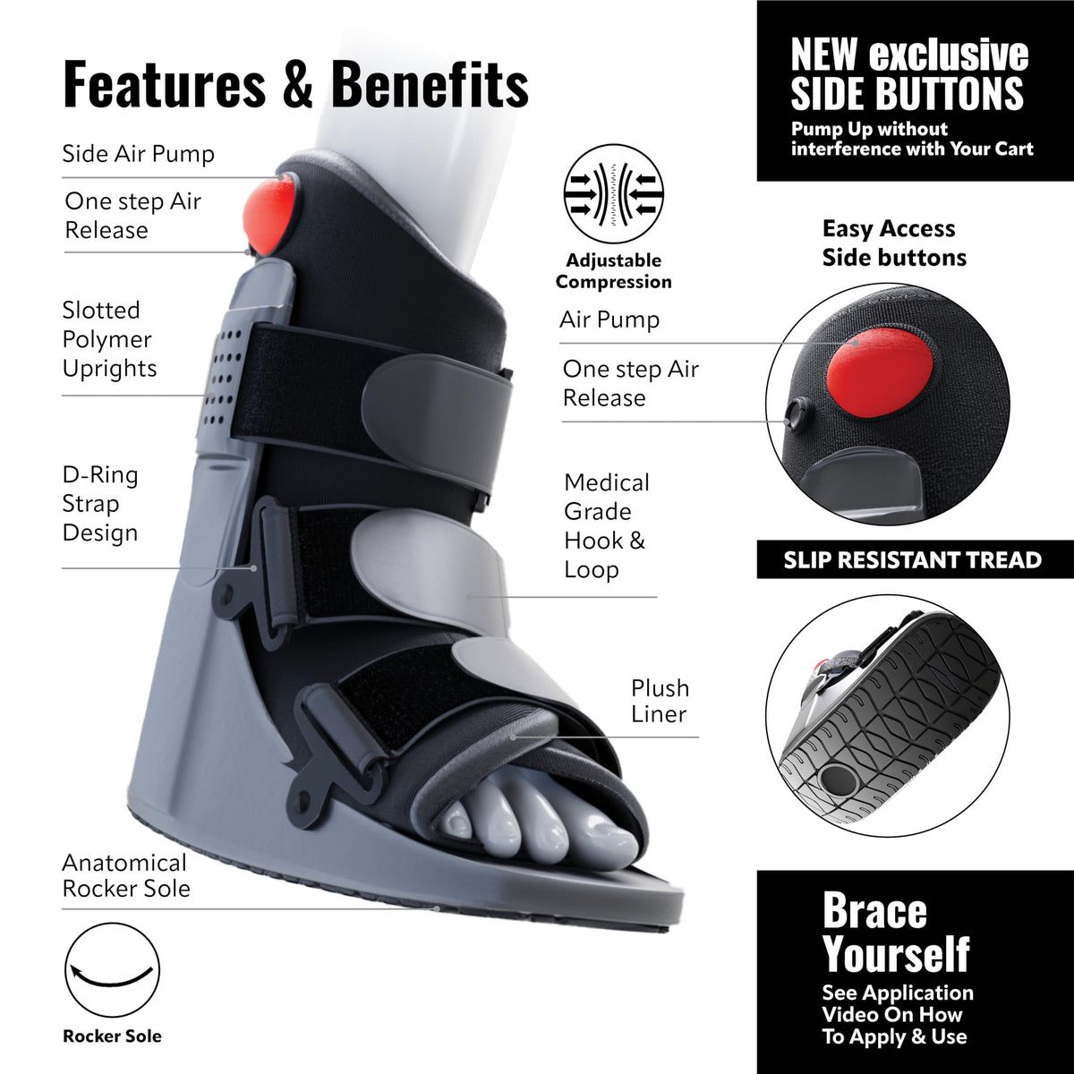 Braceapedia Short Air Compression Walking Boot Foot Brace - Side Pump Pneumatic Brace for Ankle Support & Foot Injuries - 360 Rocker Sole Cam Walker for Stress Fractures & Post-Op, Medium