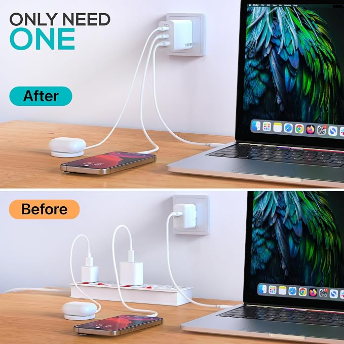 USB C Charger Block 100W (Total Output) 3-Port GaN Fast Charging Station | PPS Type C Plug Brick Compatible with iPhone 17 16 15 14 13 Pro Max MacBook Air iPad Galaxy S26 S25 S24 Plus