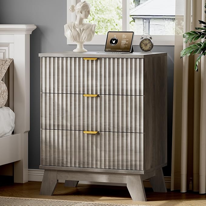 Fluted Nightstand with Charging Station, 24" Wide Bedside Table with 3 Large Storage Drawers, Modern Wood Side Table Night Stand, End Table Small Dresser for Bedroom, Living Room, Dorm, Grey
