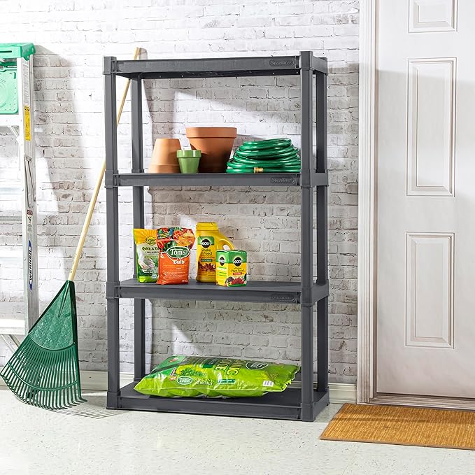 Sterilite 4 Shelf Plastic Storage Unit Bundled with Easy to Assemble Storage Cabinet for Garage, Pantry & Kitchen Organization, 4 Shelves, Gray
