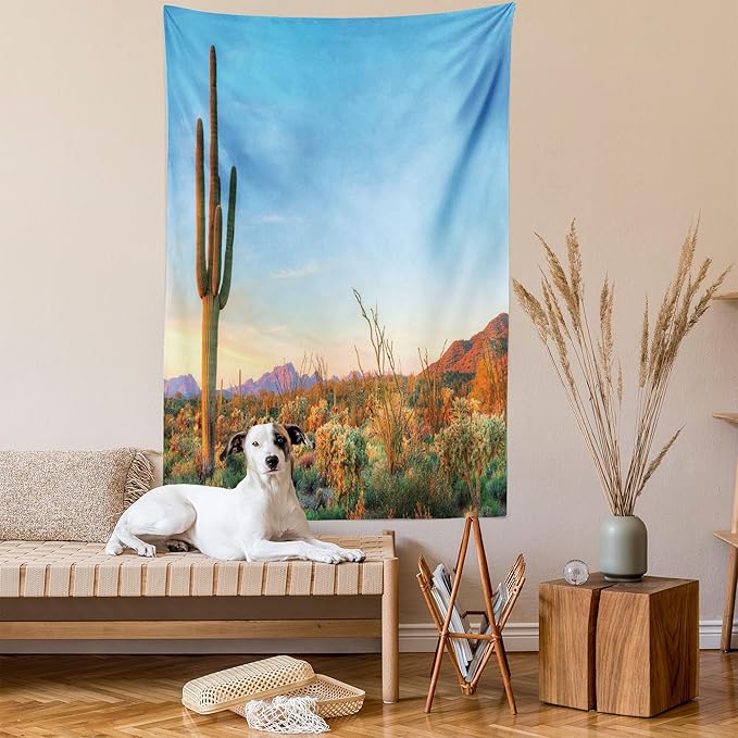 Ambesonne Saguaro Tapestry Queen Size, Sun Goes down in Desert Prickly Pear Cactus Southwest Texas National Park, Wall Hanging Bedspread Bed Cover Wall Decor, 88" X 88", Orange and Blue