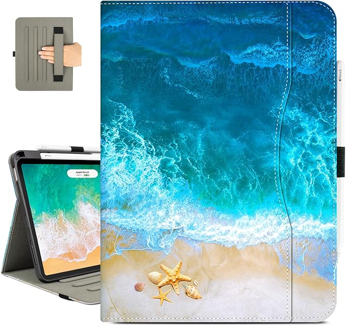 Vimorco for iPad Pro 11-inch Case M5/M4 2025/2024 for iPad Pro Case 11 Inch M5/M4 Pencil Holder/Hand Strap/Pocket/Screen Protection Band 3 Adjustable Angles Auto Sleep/Wake Beach Blue Ocean