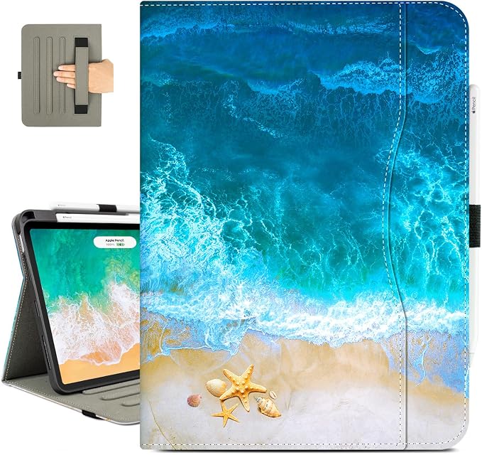 Vimorco for iPad Pro 11-inch Case M5/M4 2025/2024 for iPad Pro Case 11 Inch M5/M4 Pencil Holder/Hand Strap/Pocket/Screen Protection Band 3 Adjustable Angles Auto Sleep/Wake Beach Blue Ocean