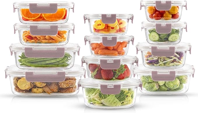 JoyJolt 24pc Borosilicate Glass Storage Containers with Lids | 12 Airtight/Freezer Safe Food Storage Containers for Pantry and Kitchen | Meal Prep Container for Lunch | Glass meal Set