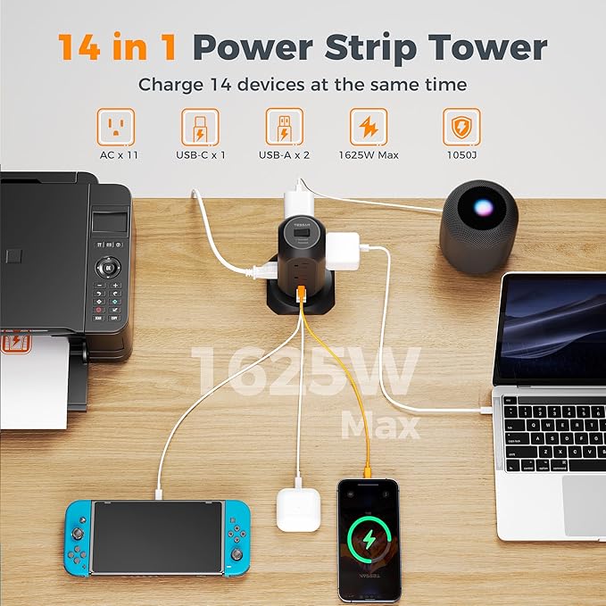 Surge Protector Power Strip Tower, TESSAN 10 Ft Flat Plug Extension Cord with 11 Outlets 3 USB (1 USB C), 1050J Protection, Desk Charging Station for Home, Office, Dorm Room Essentials, Black