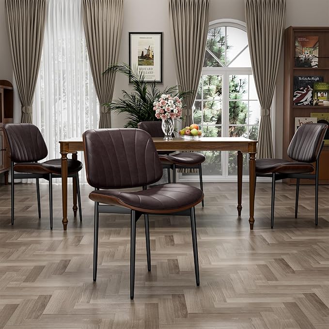 Dining Chairs Set of 2, Dining Room and Kitchen Chairs, Mid Century Modern Accent Chair, Upholstered PU Leather Chairs for Vanity with Walnut Bentwood and Metal Legs, Brown
