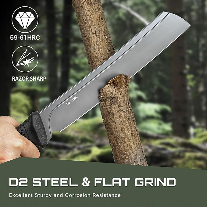 NedFoss 16" Survival Machete with Sheath, D2 Steel 0.22" Thick Full Tang Blade Machete Knife with Flat Grinding, Machete for Cutting Trees, for Yard Work, Clearing Brush with TPE Handle