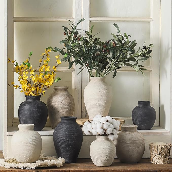 Ceramic Flower Vase Home Decor - Small Farmhouse Table Vases Rustic Vintage Living Room Kitchen Bedroom Decorations for House Book Shelf Office Coffee Desk Dining Fireplace (6" Retro)
