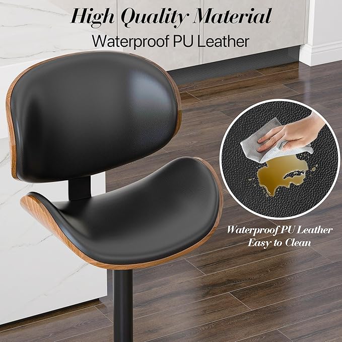 Adjustable Swivel Bar Stools Set of 2, Modern Bentwood Barstool with Large Metal Base and Footrest, PU Leather Upholstered Bar Chair with Curved Back for Kitchen Island Dining Room, Black