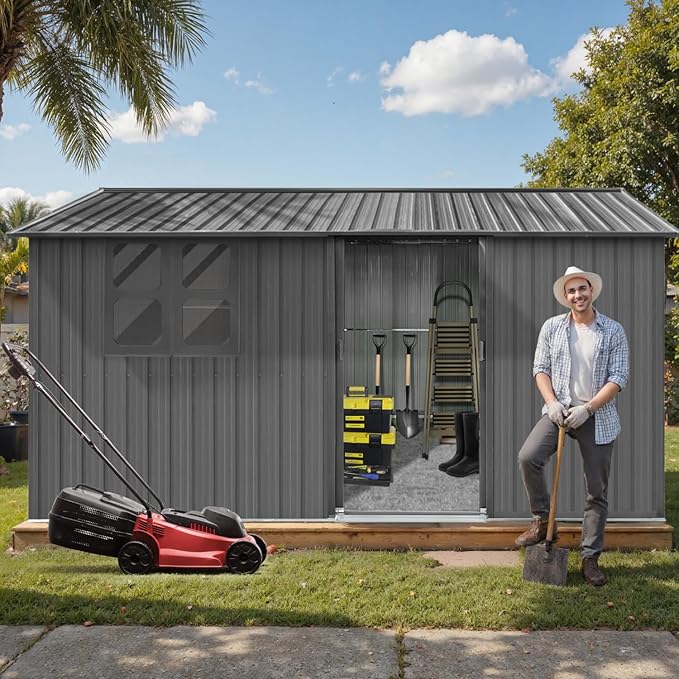 12 x 10 FT Outdoor Storage Metal Shed, Bike Garden Tool Shed with Slooping Roof, Lockable Doors and Aluminum Frames, Shed Easy to Assemble for Garden, Patio, Lawn, Grey