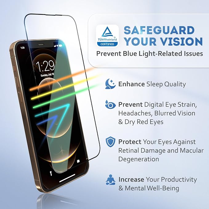 |2 Pack| Anti-Blue Light Screen Protector for iPhone 12 Pro Max (6.7')| Scratch Resistant Tempered Glass | 3D Edge to Edge Coverage | Easy Installation Kit | Eye Safeguard TÜV Certified