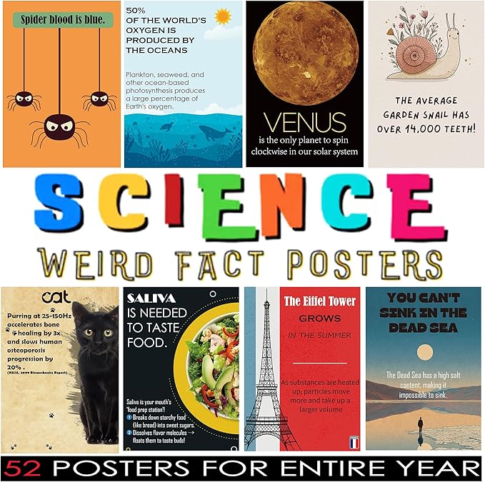 1step2dream Funny Science Posters for Elementary Classroom - Weird Educational Bulletin Board Decor with Amazing Facts - Inspire Students with Thought Provoking STEM Displays