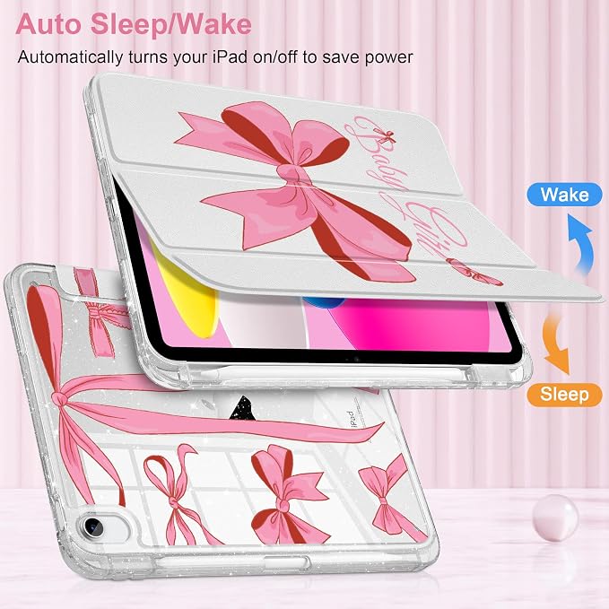MEEgoodo Case for iPad A16 11th Generation 2025/10th Generation 2022 Glitter Tablet Cases with Transparent Acrylic Back+Trifold Stand +Pencil Holder+Auto Wake/SleepAbstract Sun &amp Palm Tree