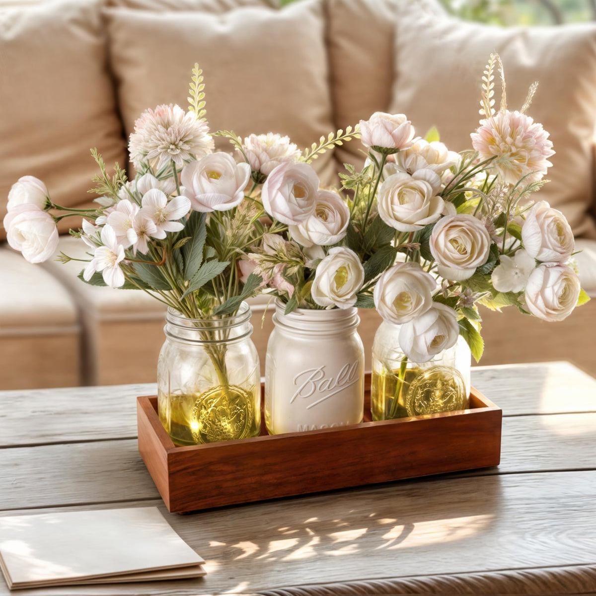 LIOZLIOLY Dining Mason Jar Lights Centerpiece Table Decorations for Dining Room Farmhouse Coffee Table Decor with Wood Tray, 3 Jars Artificial Flowers and Led Light for Kitchen Living Room(White)