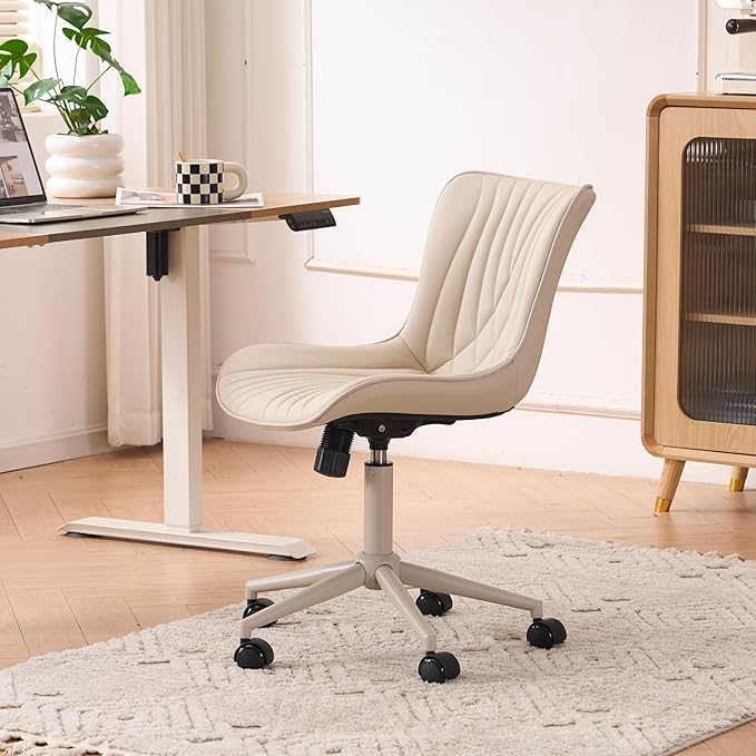 YOUTASTE All Cream Office Chair, Modern Armless Desk Chair with Back, Adjustable Swivel Rolling Faux Leather Task Chair with Wheels Metal Base for Home Office, Study, or Vanity