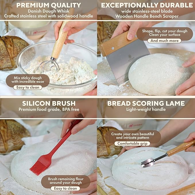 JOYFULBASE Banneton Bread Proofing Basket Set of 2 Sourdough Starter Kit with 9- Inch Round Baskets Fermentation Proofing Bowls Artisan Sourdough Bread Baking Supplies with Tools Liners and Linen Bag