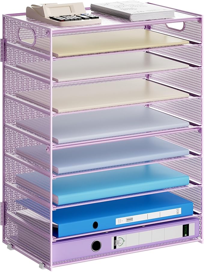 Marbrasse Paper Organizer Letter Tray, 9 Tier Mesh File Organizer with Handle, Paper Sorter Desk Organizer for Home Office Supplies - Purple