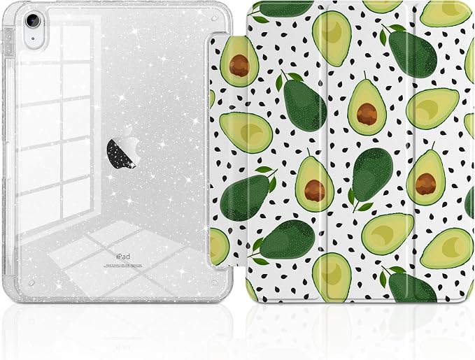 MEEgoodo Case for iPad A16 11th Generation 2025/10th Generation 2022 Glitter Tablet Cases with Transparent Acrylic Back+Trifold Stand +Pencil Holder+Auto Wake/SleepAbstract Sun &amp Palm Tree
