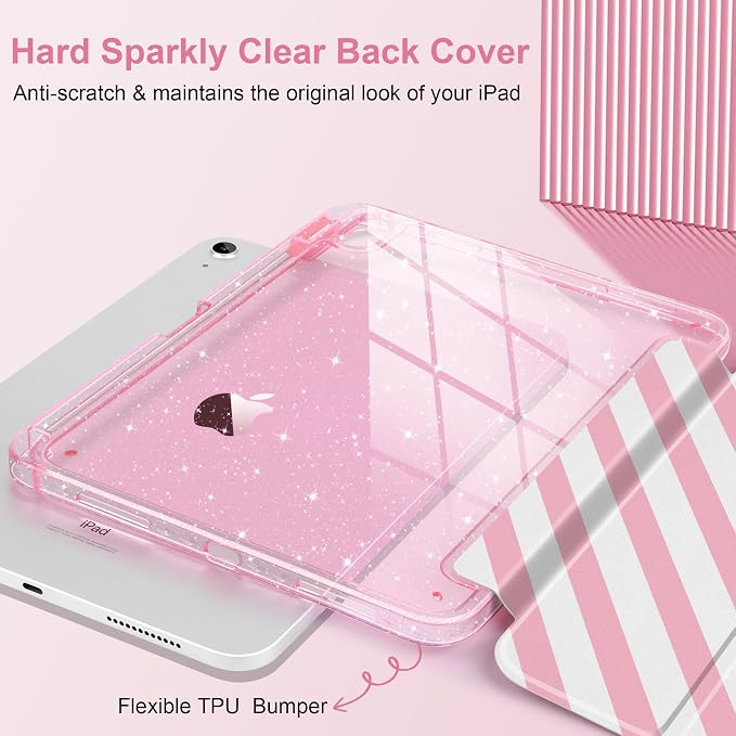 MEEgoodo Case for iPad A16 11th Generation 2025/10th Generation 2022 Glitter Tablet Cases with Transparent Acrylic Back+Trifold Stand +Pencil Holder+Auto Wake/SleepAbstract Sun &amp Palm Tree