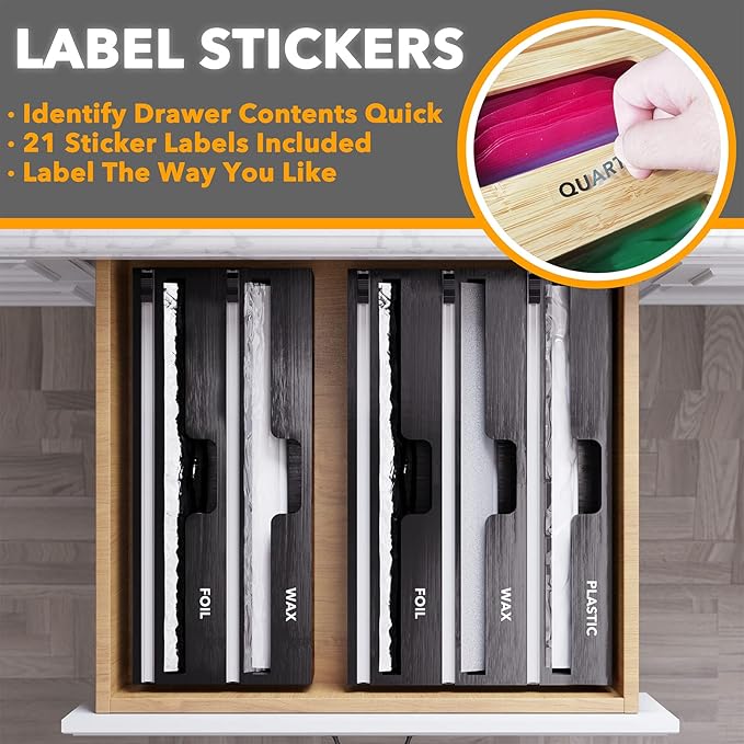 SpaceAid WrapNeat 3 in 1 Wrap Organizer with Cutter and Labels, Plastic Wrap, Aluminum Foil and Wax Bamboo Dispenser for Kitchen Storage Organization Holder for 12" Roll (Black)