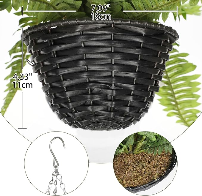Hollyone 21" Artificial Boston Fern Hanging Basket 31 Leaves Fake Ferns in Rattan Pot Medium Greenery Plants for Outdoors & Indoor Faux Fern Bush Basket Plant Patio Garden Home Decor Green